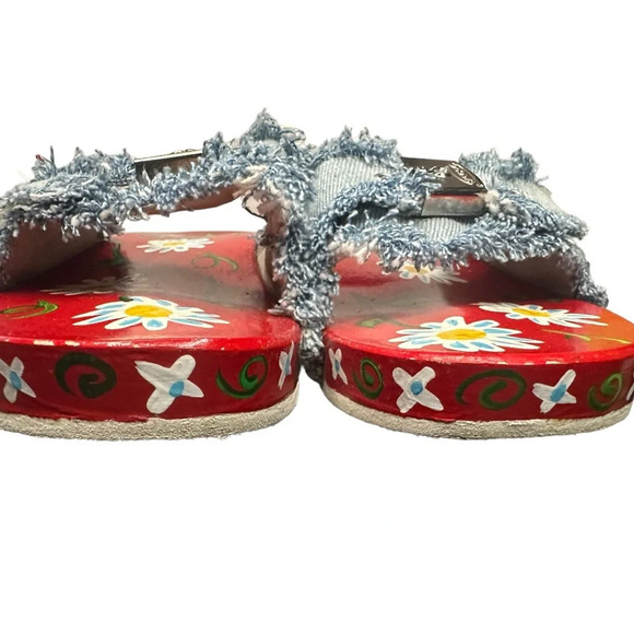 RARE Dr. Scholl’s Handpainted Mallys Denim Wooden Sole Slip-in Sandals - Picture 6 of 8